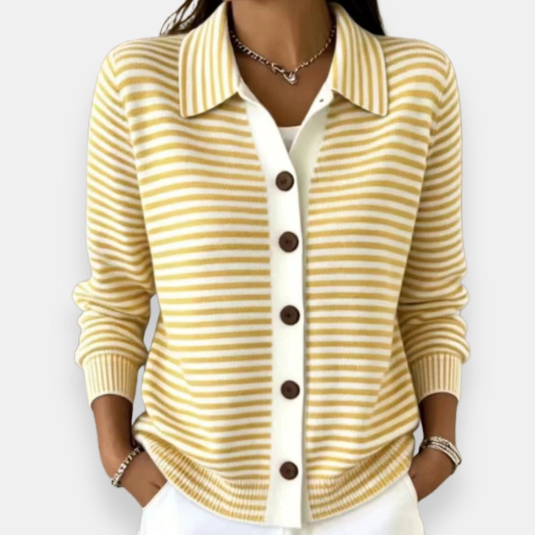 Lauriane - Cardigan femme rayé boutonné avec col classique