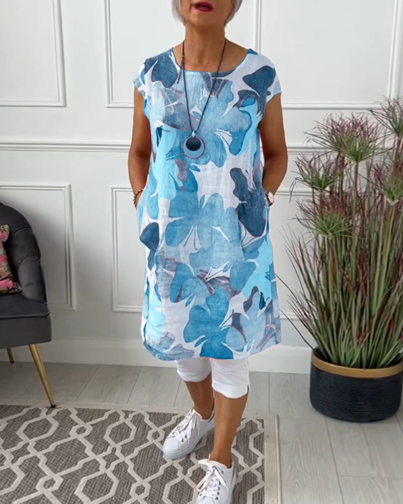 Anita - Robe femme imprimée verte fluide à manches courtes et coupe ample