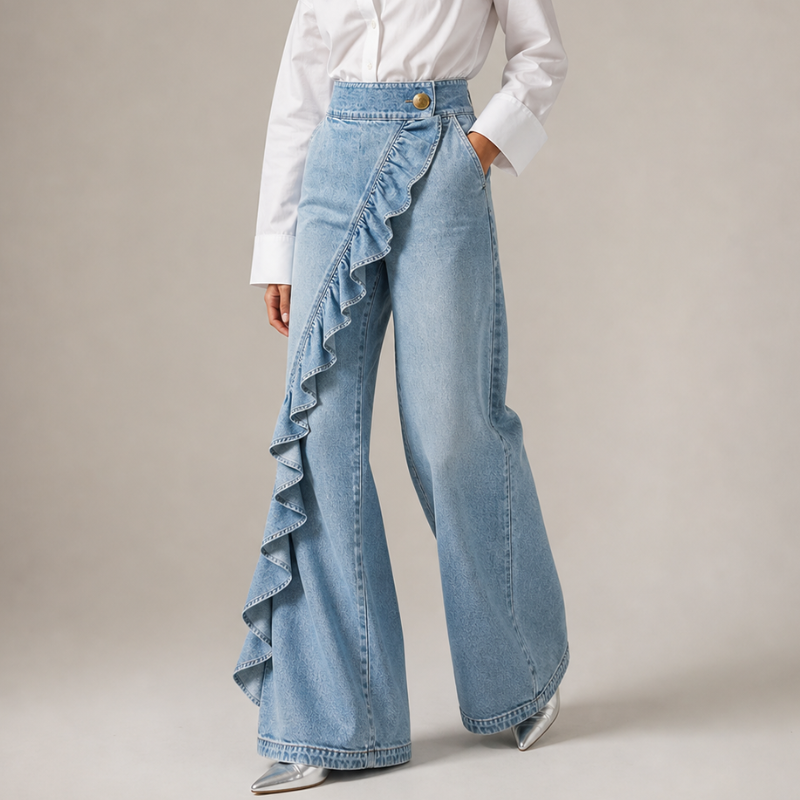 Izzavelle - Pantalon femme large en denim à volants style jupe-pantalon élégant