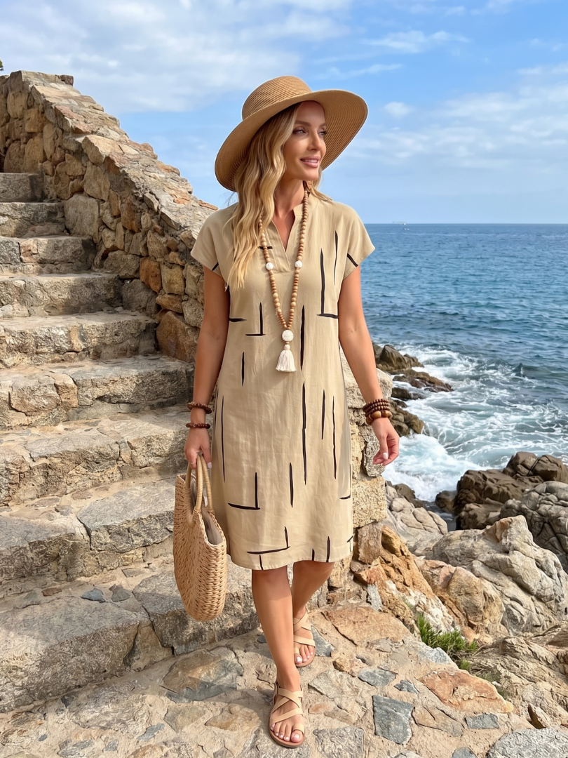 Olivrixa - Robe femme mi-longue à imprimé abstrait en coton lin coupe décontractée