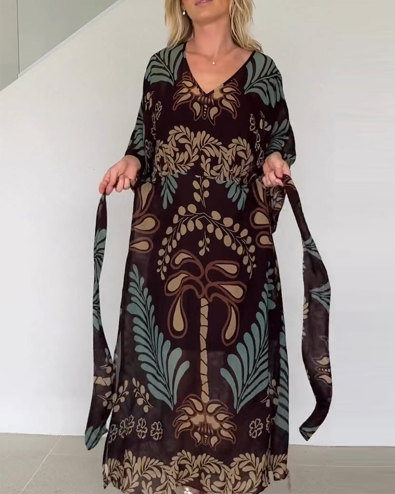 Praxellea - Robe bohème femme maxi ample col V imprimé feuilles élégant