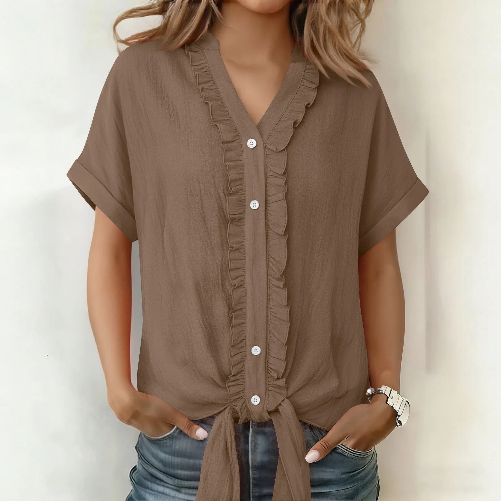 Kalyxa - Chemise femme coton col V manches courtes nouée été