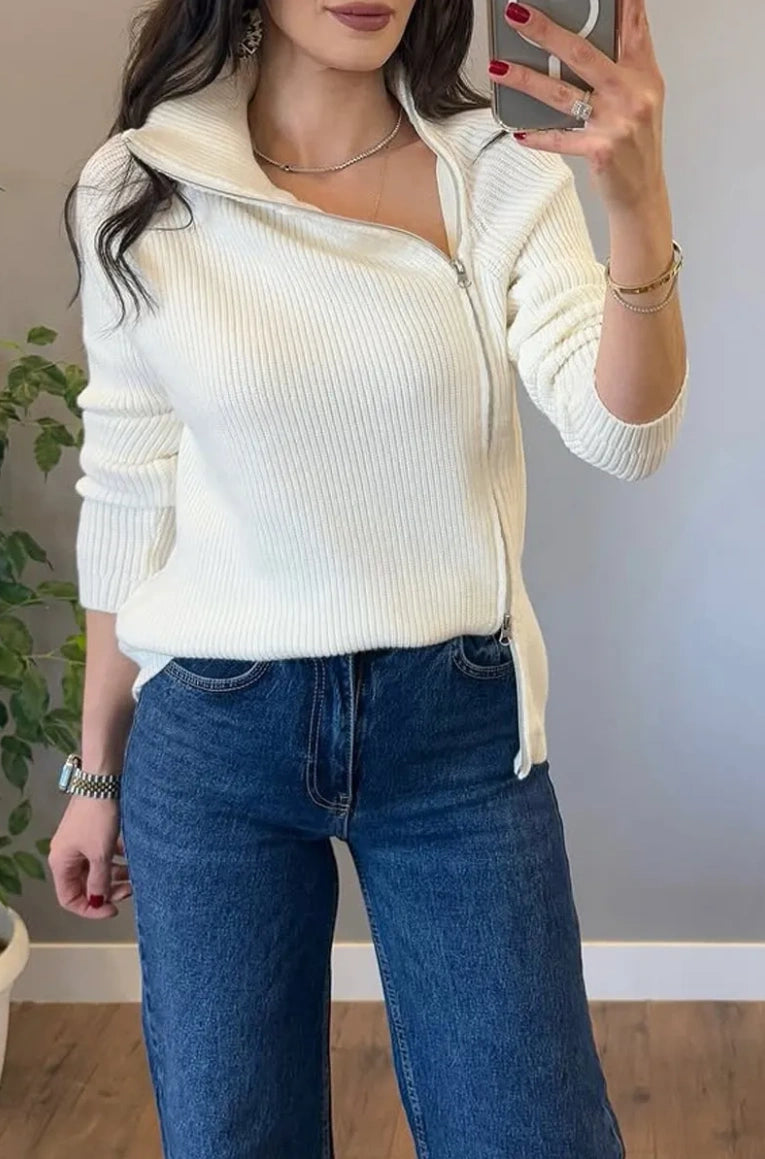 Lucienne - Pull Tricot Asymétrique à Double Fermeture Éclair