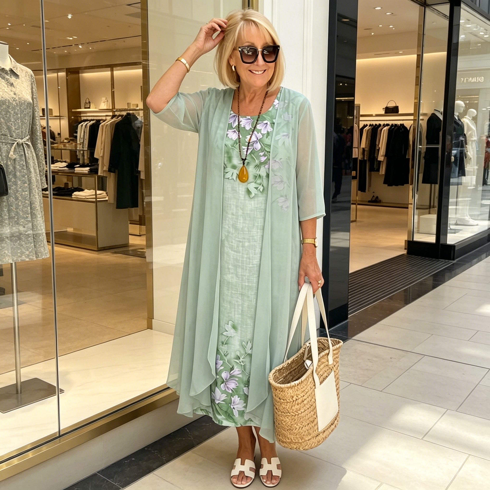 Nesoria - Ensemble robe femme deux pièces à imprimé floral style élégant