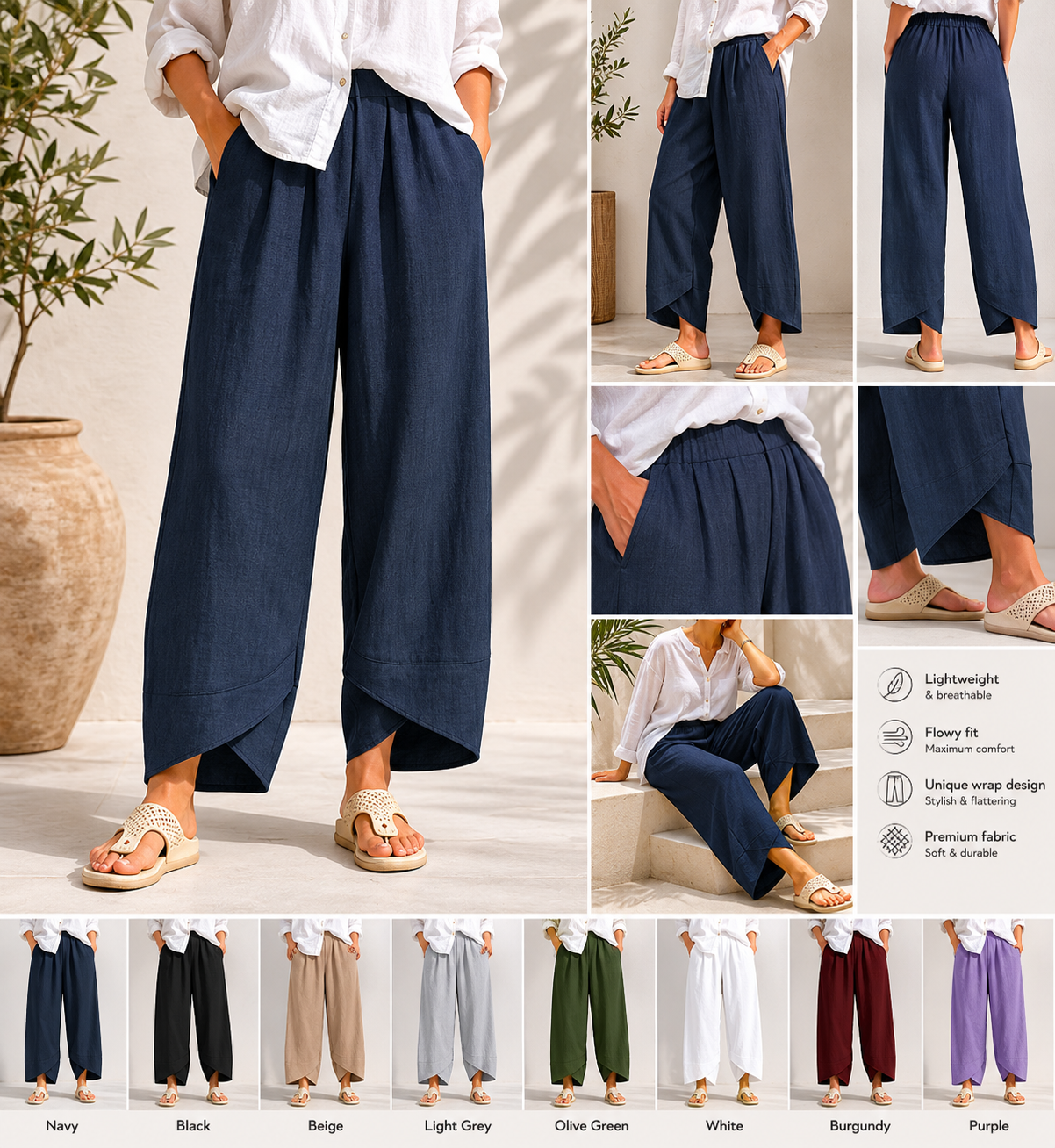Belythia - Pantalon femme vintage asymétrique taille haute fluide avec poches