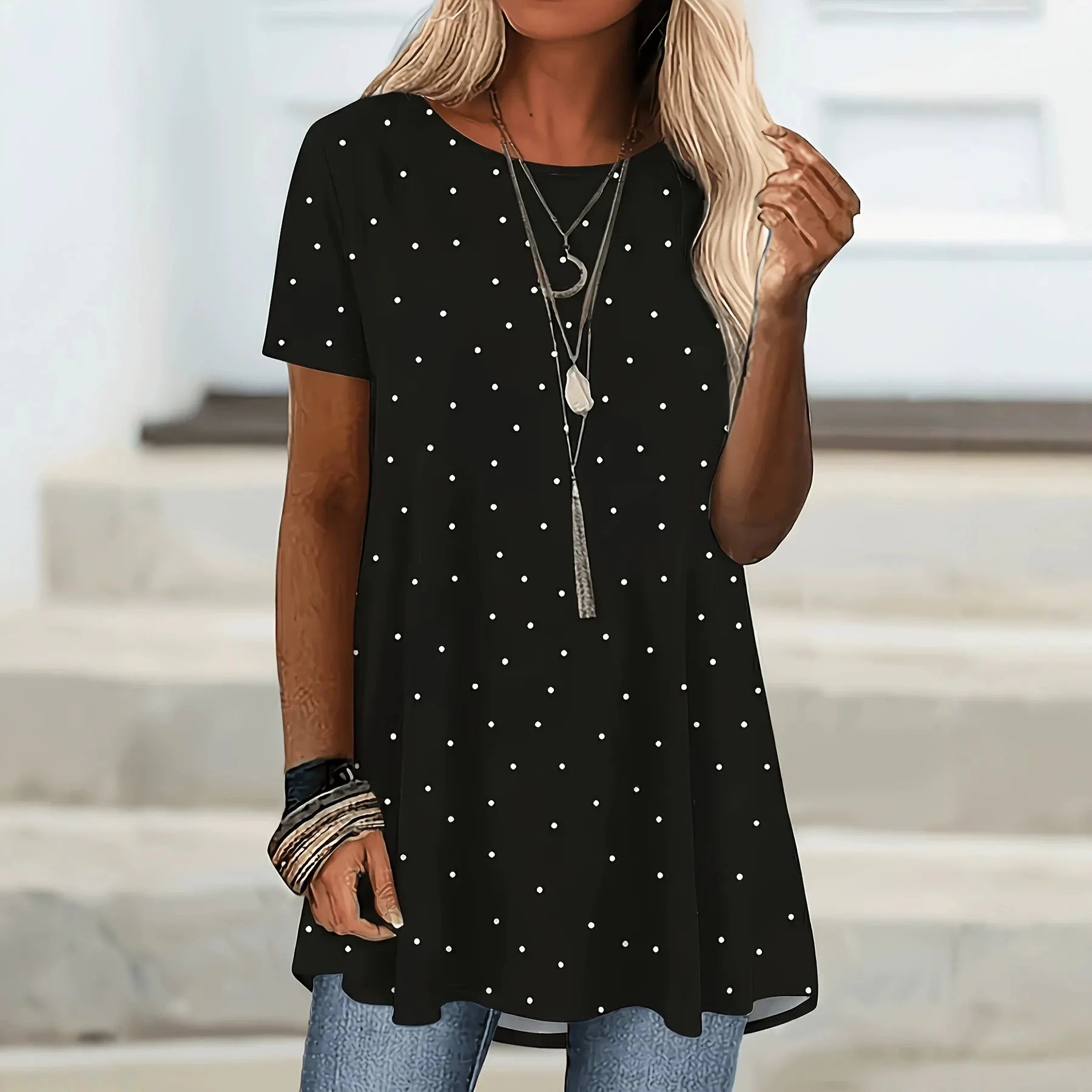 Glysselle - Blouse femme blanche à pois avec manches courtes