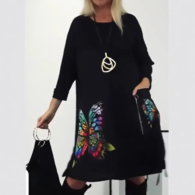 Florienne - Robe à imprimé papillon multicolore et col rond