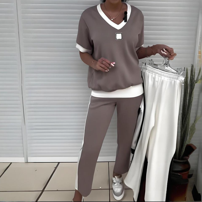 Euphrasie - Ensemble décontracté pour femme avec top à col en V et pantalon