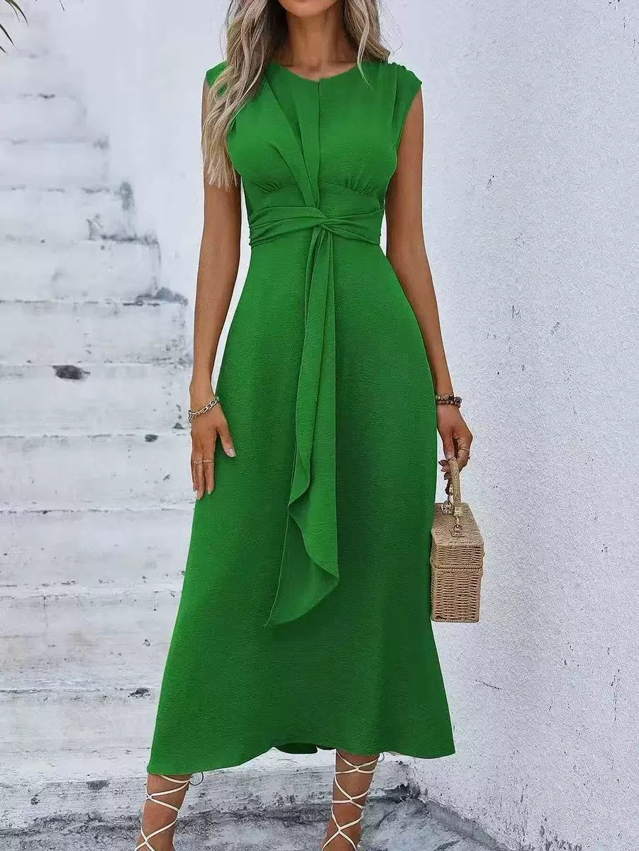 Orivessa - Robe longue femme unie sans manches avec ceinture drapée