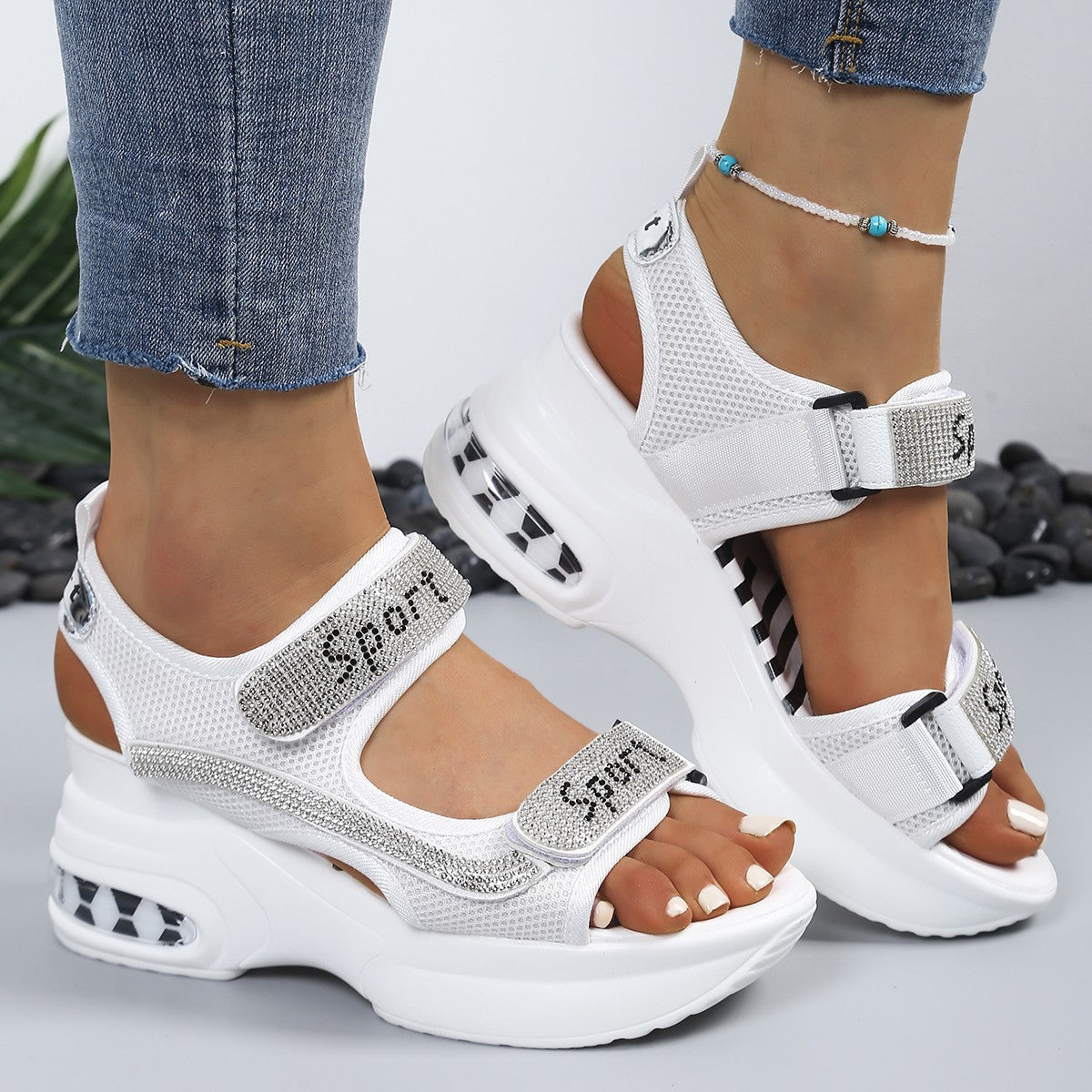 Calyvra - Sandales femme plateforme strass velcro semelle air sport