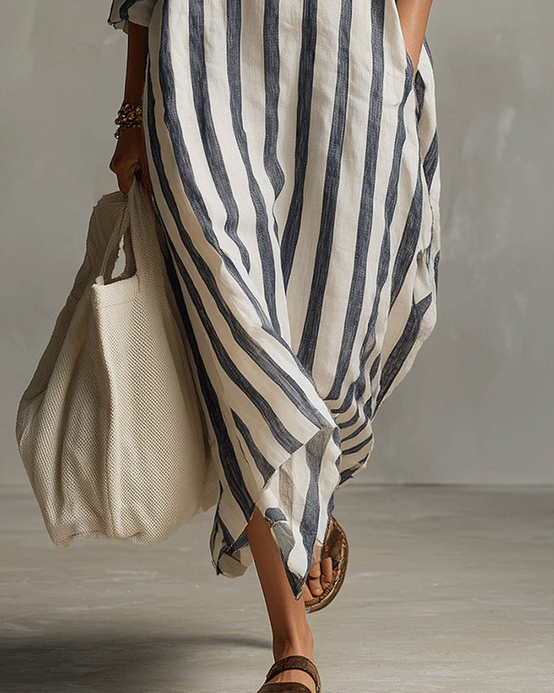 Avenira - Robe Maxi Rayée À Col Revers Décontracté Chic