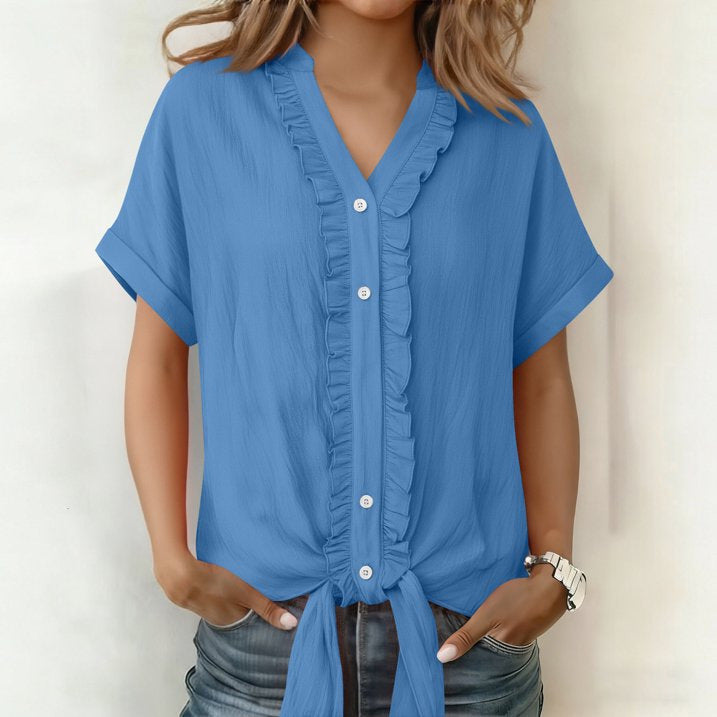 Kalyxa - Chemise femme coton col V manches courtes nouée été