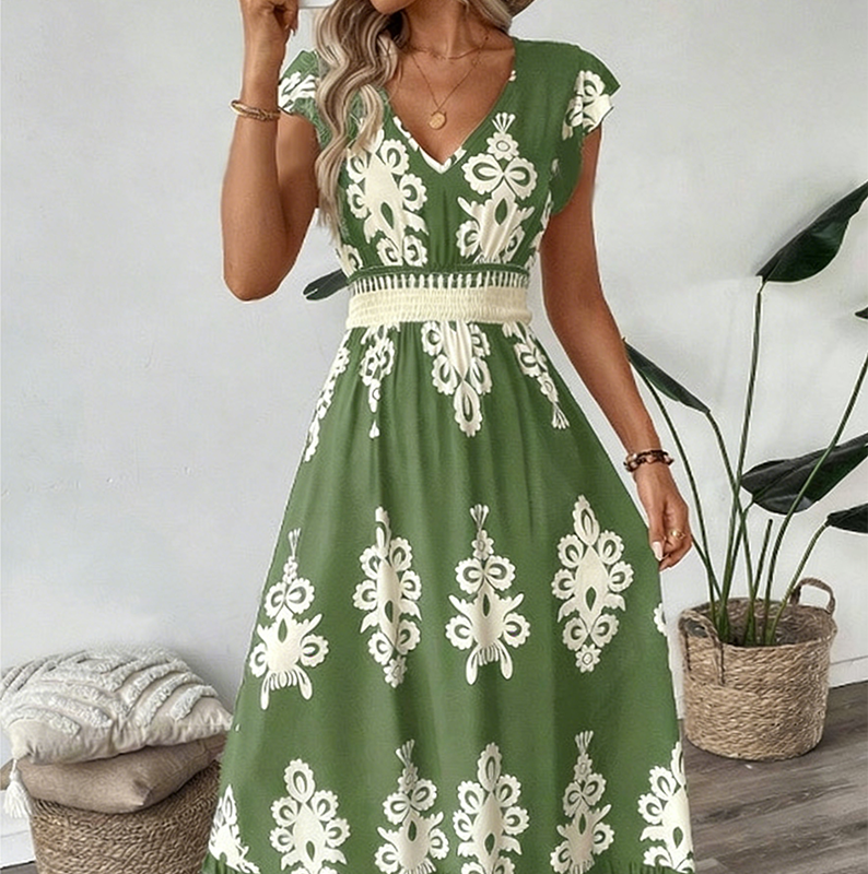 Syloria - Robe longue femme à imprimé baroque et décolleté en V