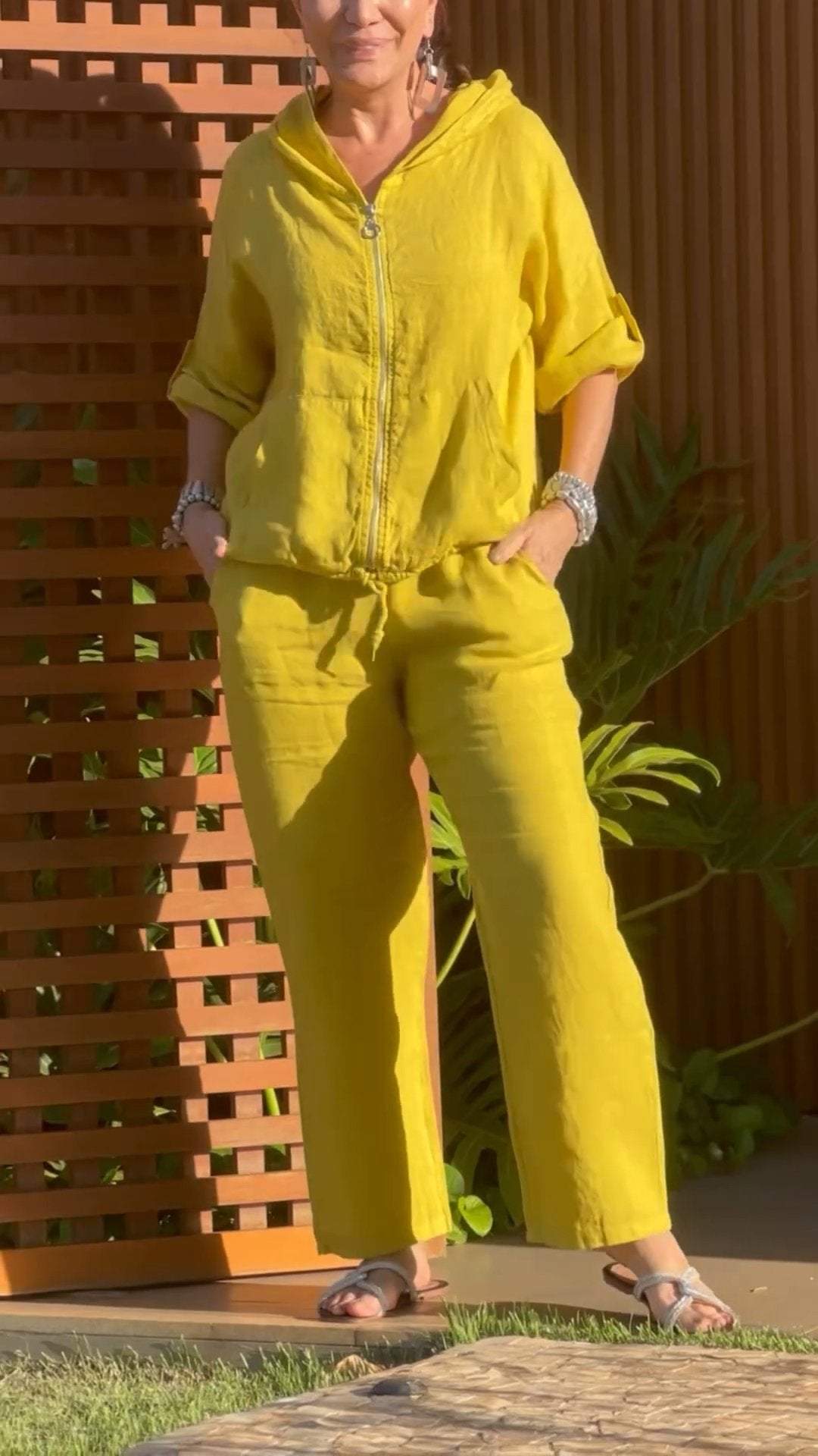 Elyraxa - Ensemble femme capuche zip coton lin coupe ample été