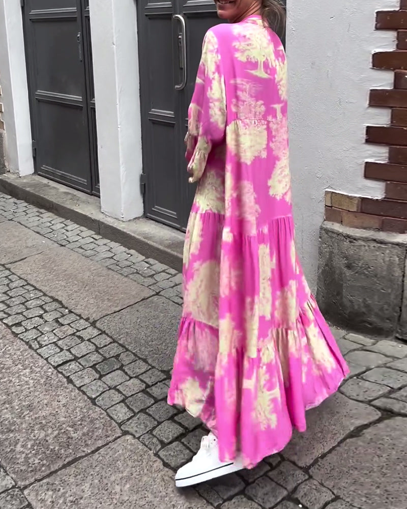 Greta - Robe Patchwork Ample avec Col en V et Manches Cloches Imprimées