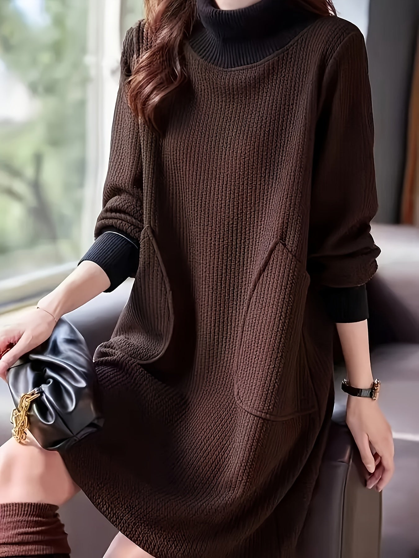 Lydie - Robe Midi Chic à Col Haut et Manches Raglan