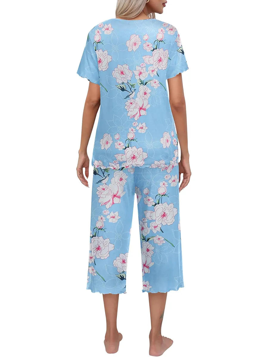 Olivine - Ensemble d'intérieur pour femme à manches courtes avec pantalon capri – idéal pour se détendre à la maison avec style