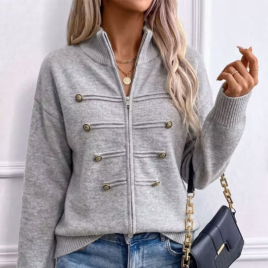 Teuntje - Women's knit cardigan with high neck, zip, and decorative buttons