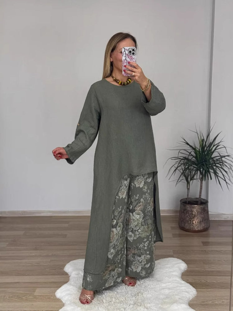 Ulina - Ensemble Décontracté avec Top Irrégulier et Pantalon à Jambes Larges