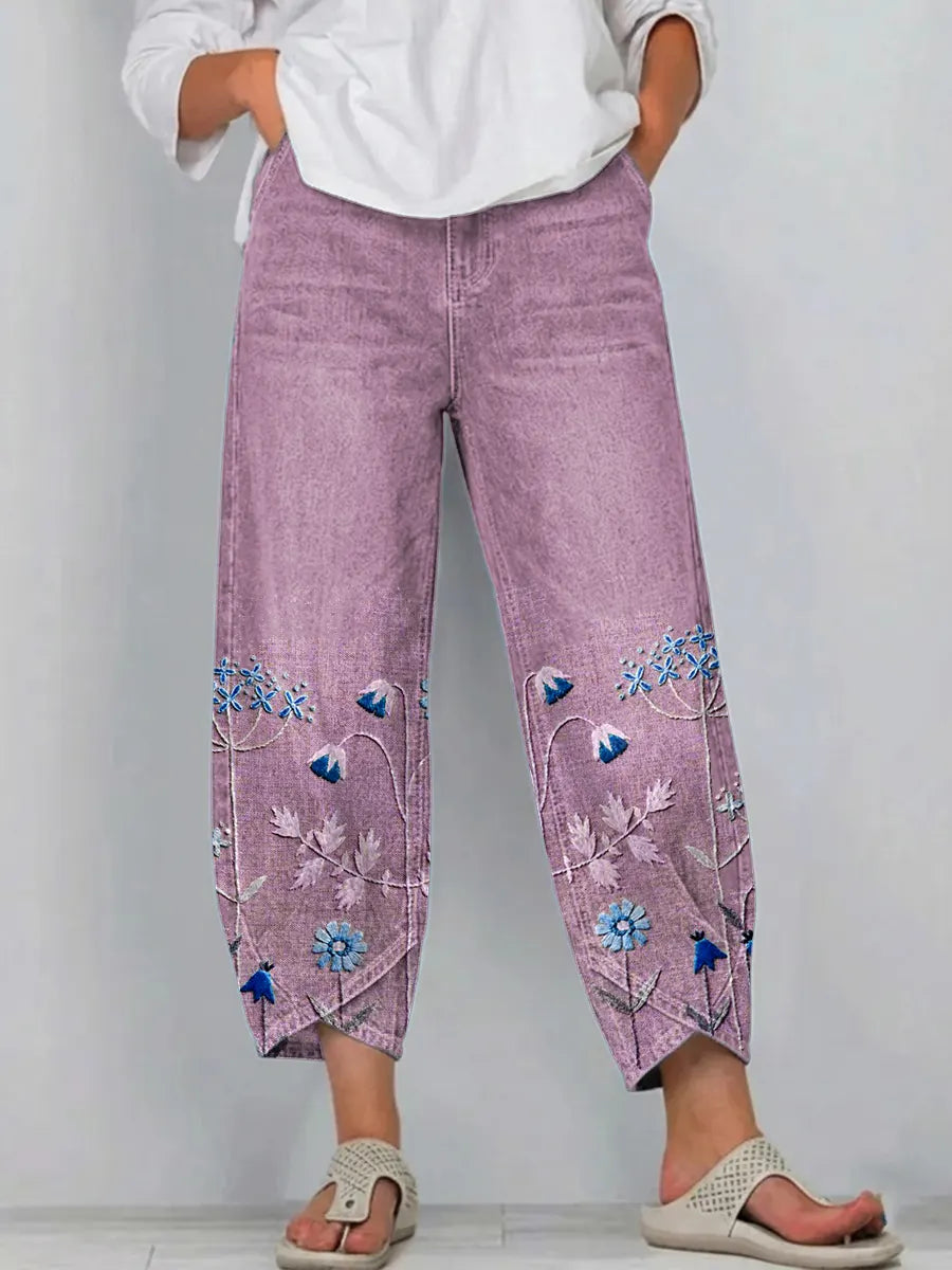 Fiorixa - Pantalon femme denim broderie florale coupe droite casual