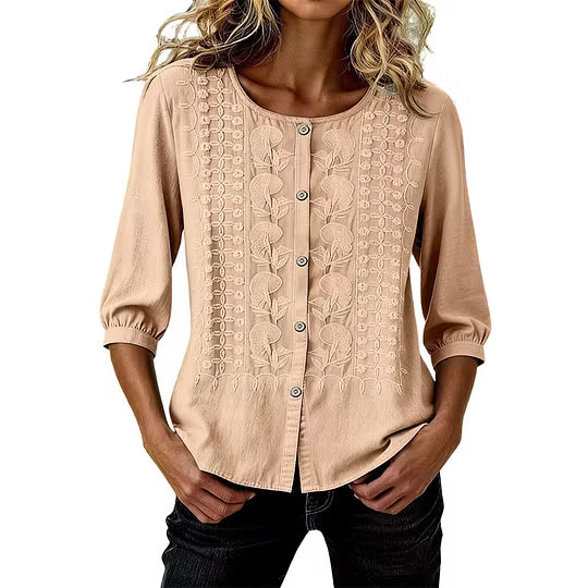 Sorivelle - Blouse brodée femme en coton et lin à manches 3/4