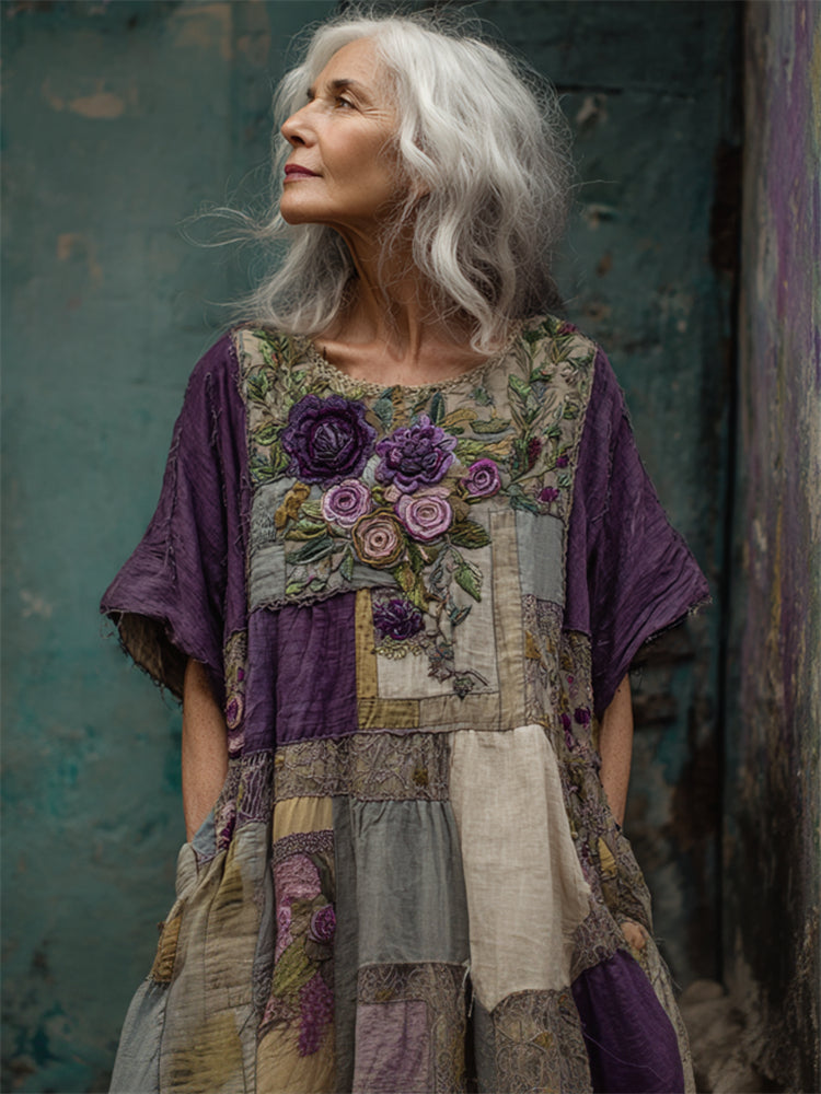 Oryndra - Robe Femme Patchwork Artistique Fluide Confort Style Bohème Quotidien