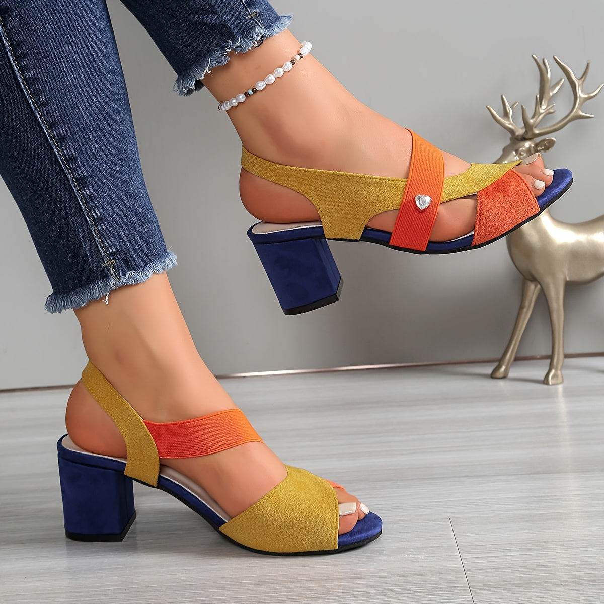 Elyvora - Sandales femme orthopédiques à talon bloc coloré et brides croisées