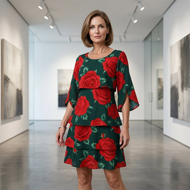 Qyvelle - Robe Femme Imprimé Floral Coupe Ample Manches Fluides Style Élégant