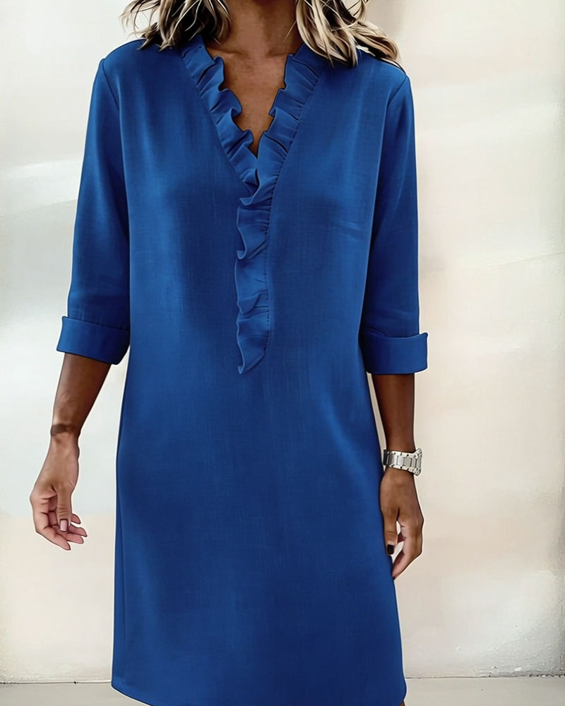 Ophivyn - Robe femme col V à volants coupe droite style décontracté