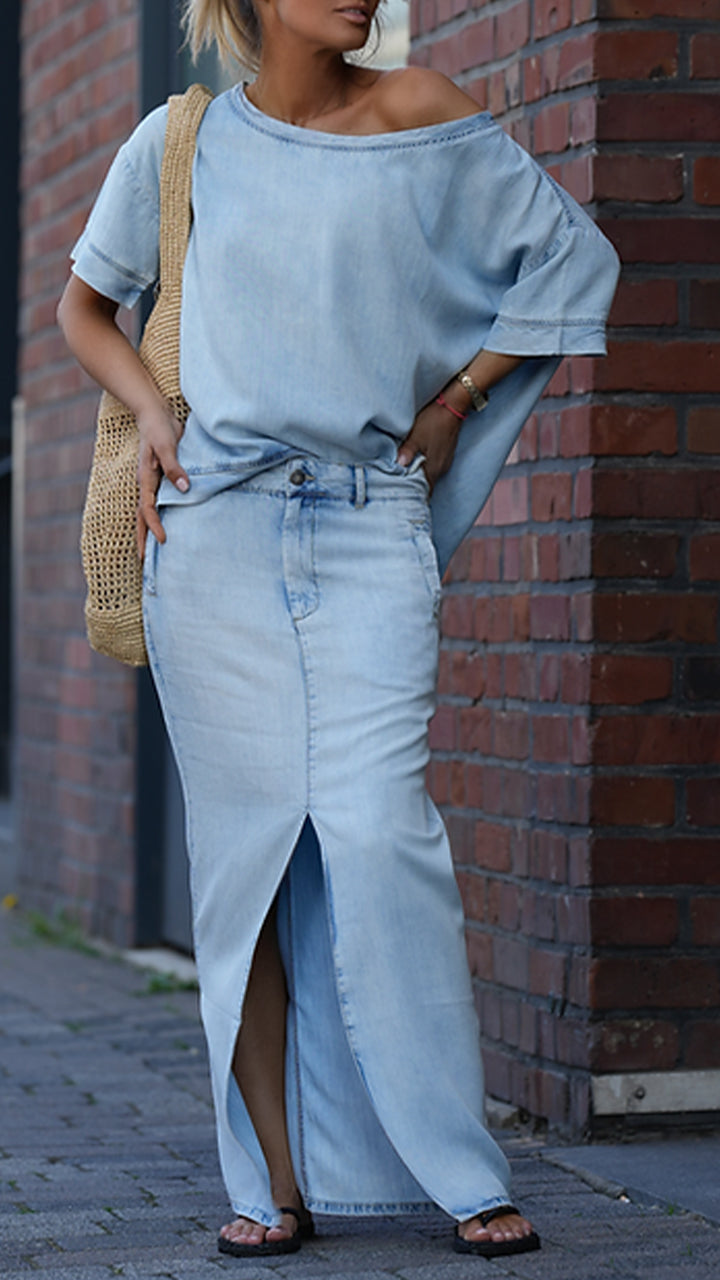 Mireya - Ensemble Décontracté Femme en Denim Tencel avec Décolleté Rond