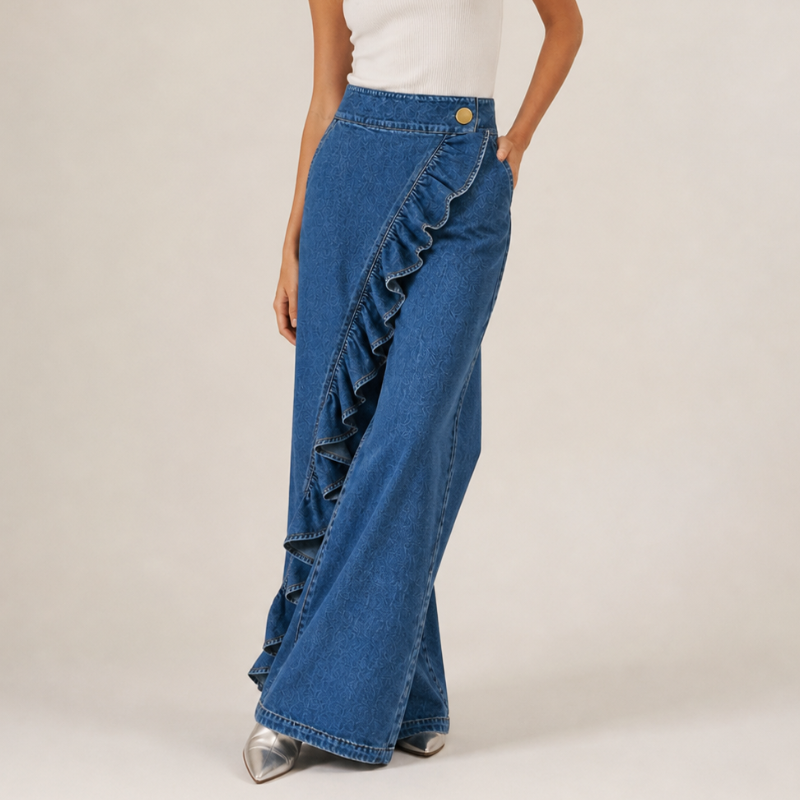 Izzavelle - Pantalon femme large en denim à volants style jupe-pantalon élégant