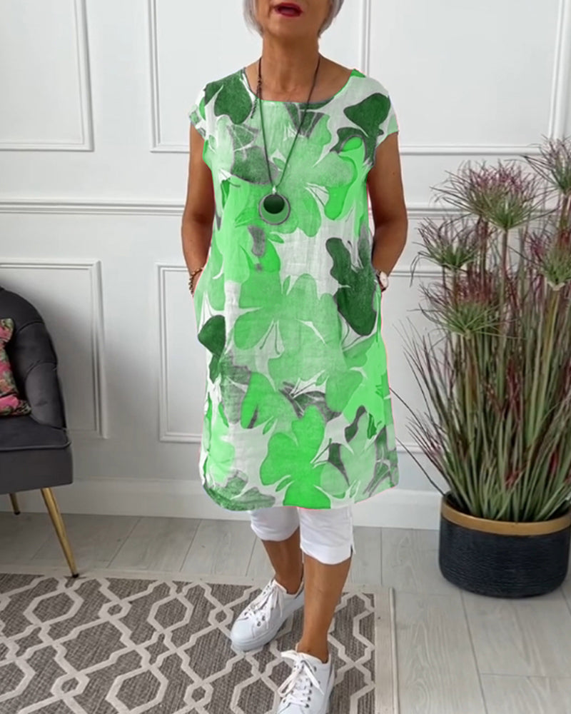Anita - Robe femme imprimée verte fluide à manches courtes et coupe ample