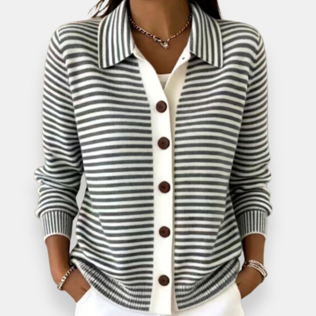 Lauriane - Cardigan femme rayé boutonné avec col classique