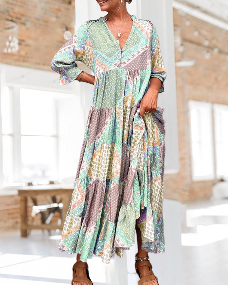 Quinna - Robe maxi colorée à imprimé color block et manches 3/4