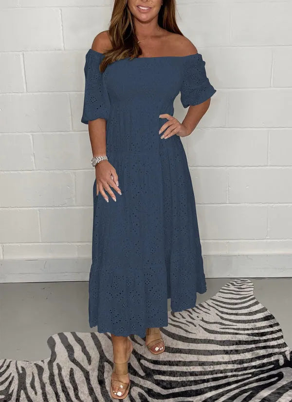 Melodie - Robe Évasée Élégante Unie avec Broderie