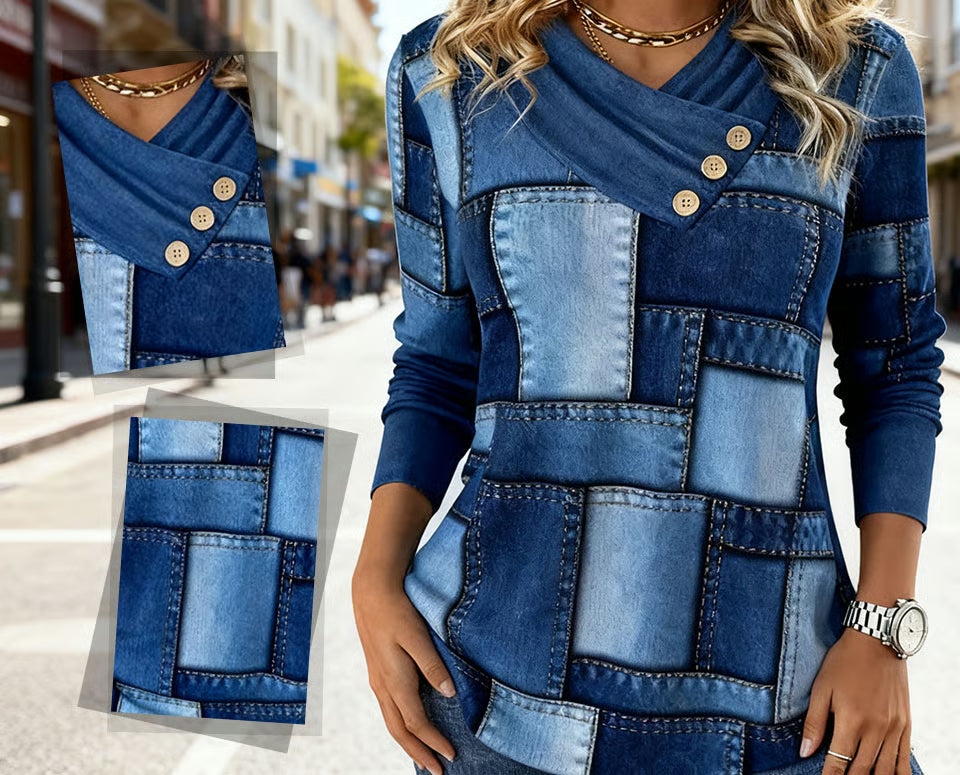Lorynne - Pull Patchwork Denim à Col Croisé Élégant