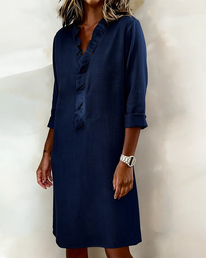 Ophivyn - Robe femme col V à volants coupe droite style décontracté