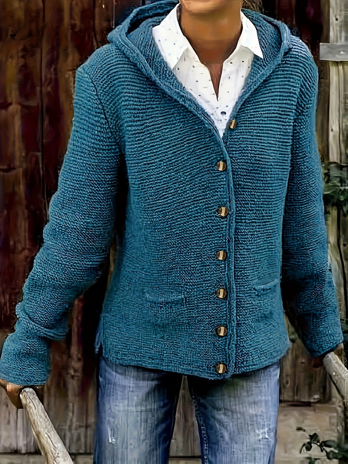 Maëline - Women's chunky knit hooded cardigan with buttons