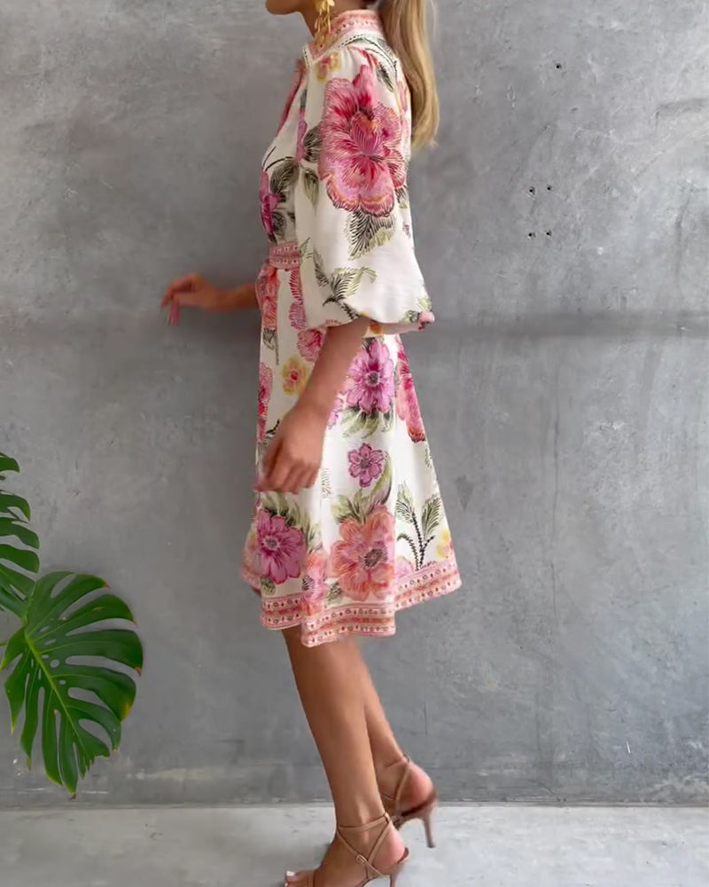 Glyssara - Robe florale élégante femme à manches lanterne et boutons
