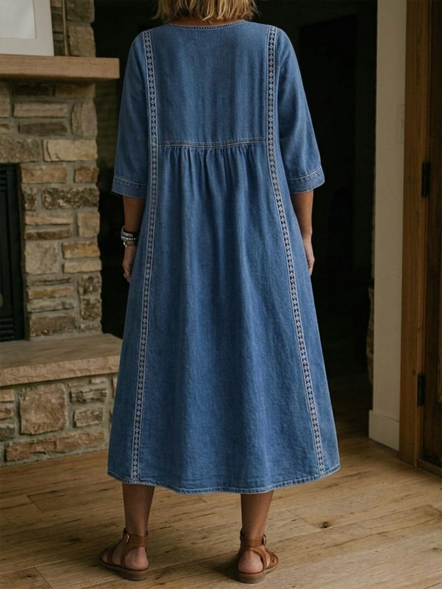 Fyntra - Robe femme denim fluide col V dentelle style décontracté élégant