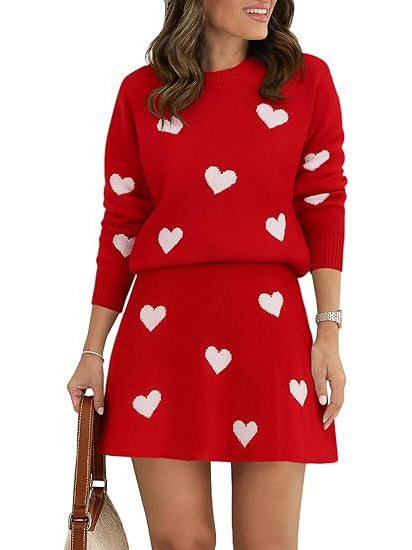 Helissora - Ensemble Jupe Et Pull Femme À Motifs Cœurs