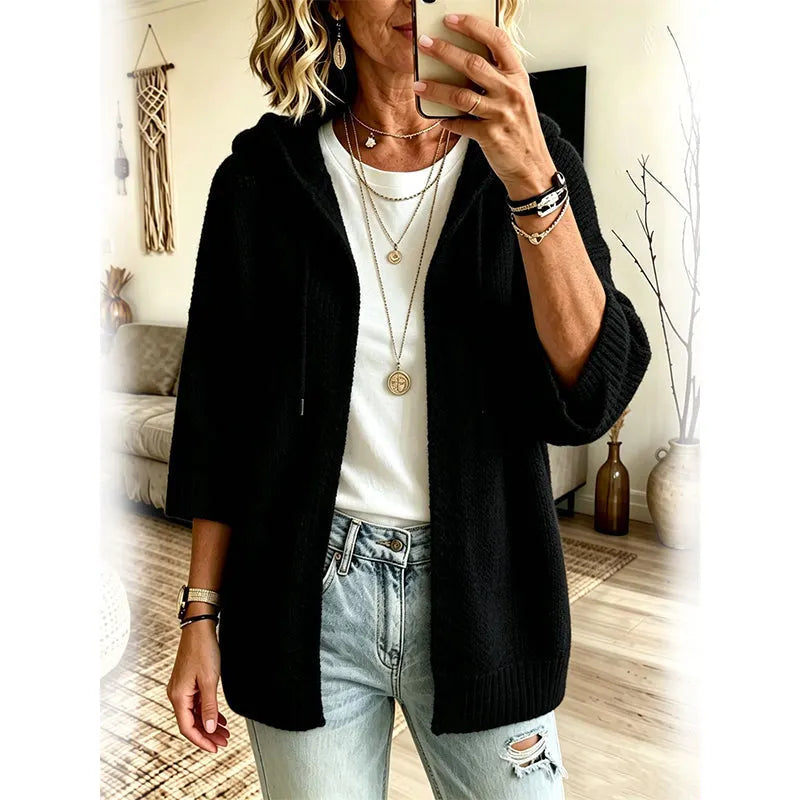 Mabel - Cardigan en tricot femme ample à capuche manches 3/4