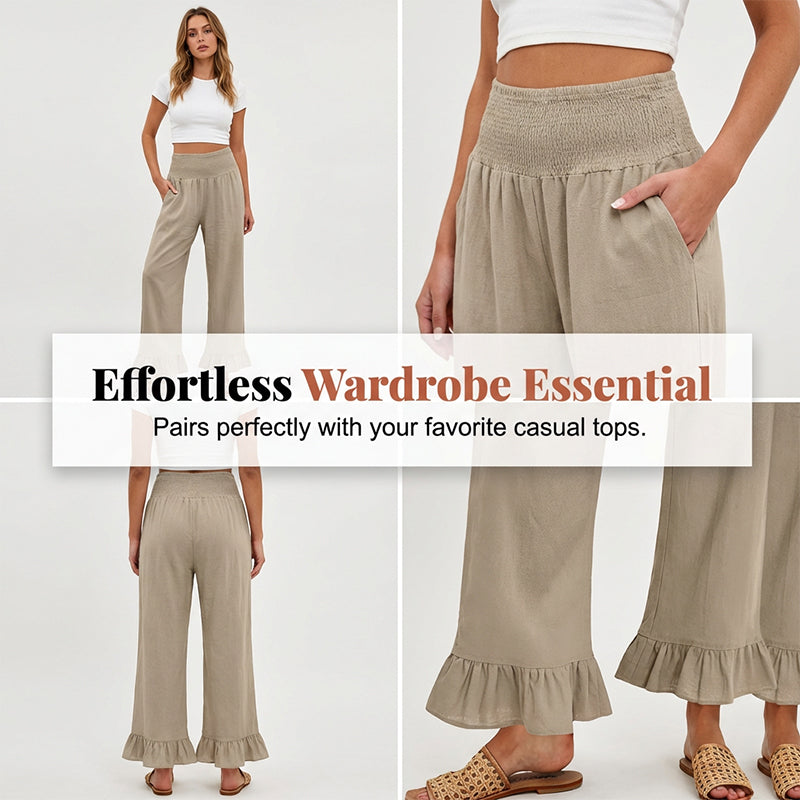Dorexa - Pantalon femme taille haute smockée large coton lin boho