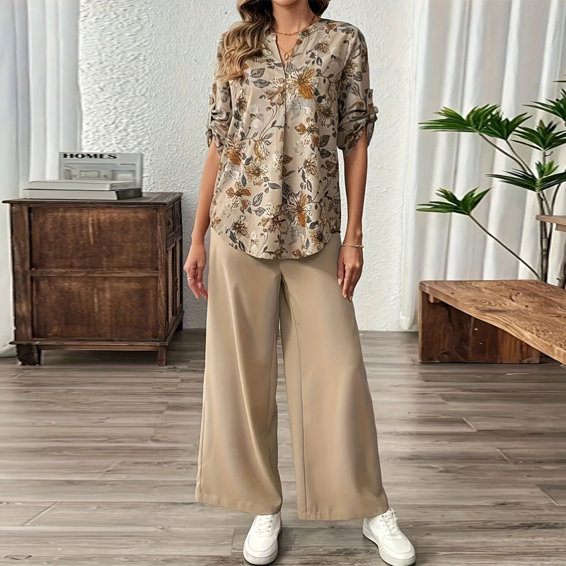 Cynellea - Ensemble femme chemisier floral pantalon fluide chic quotidien