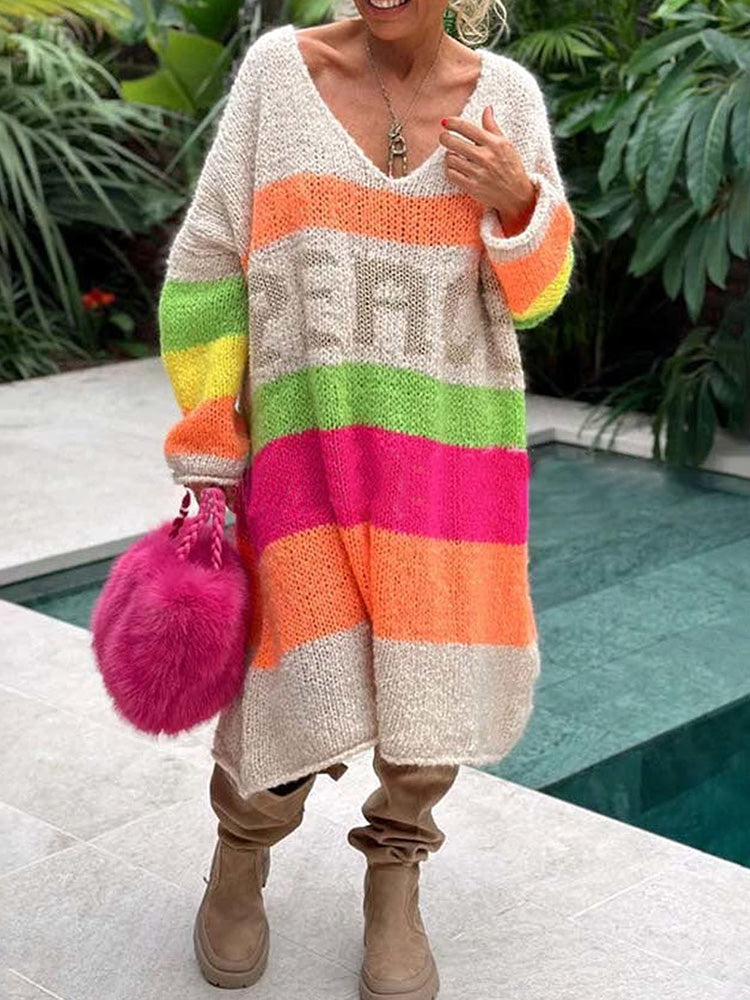 Elviana - Robe Pull en Cachemire à Blocs de Couleurs