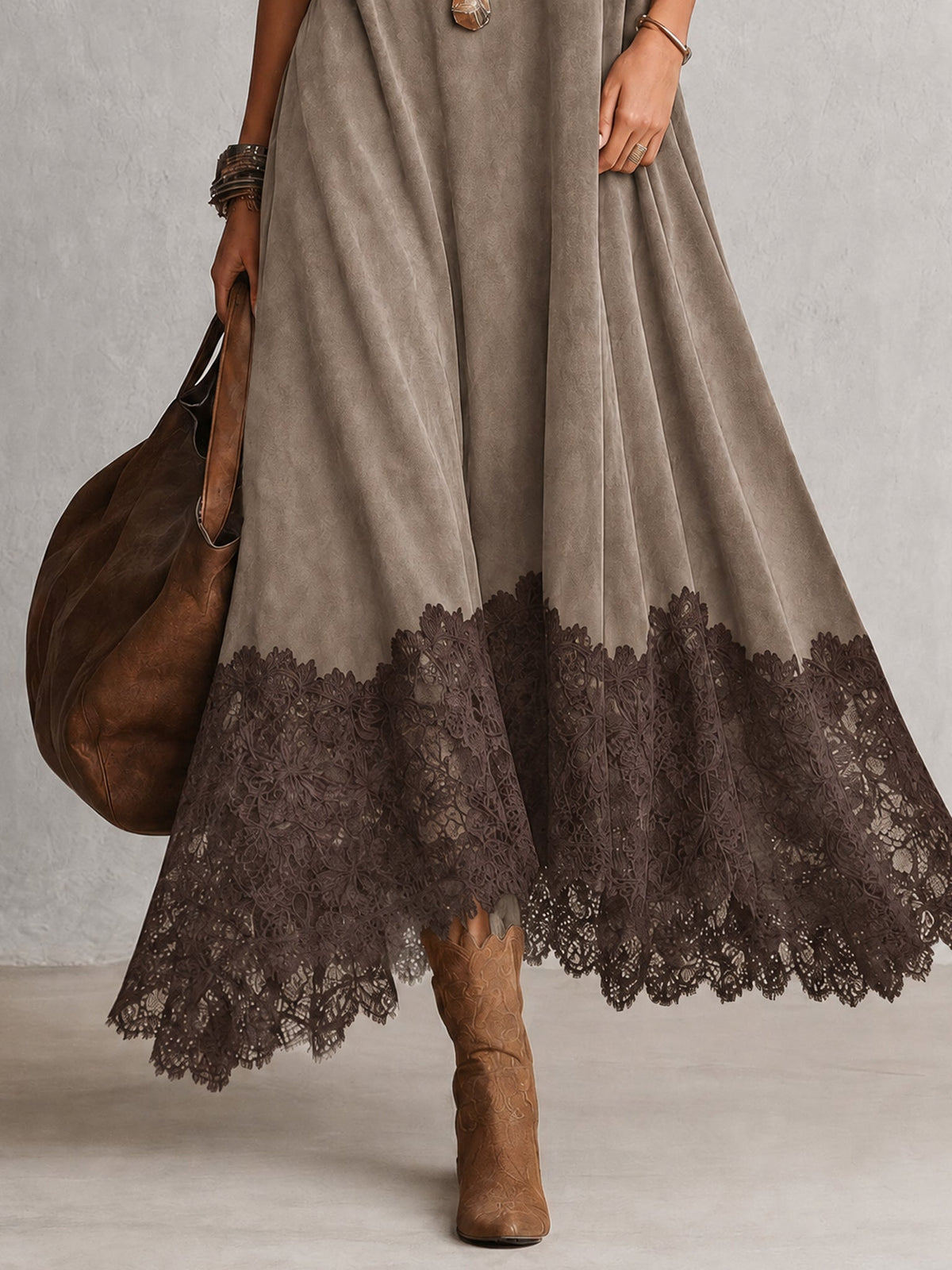Gonneke - Robe femme longue effet suédé avec dentelle