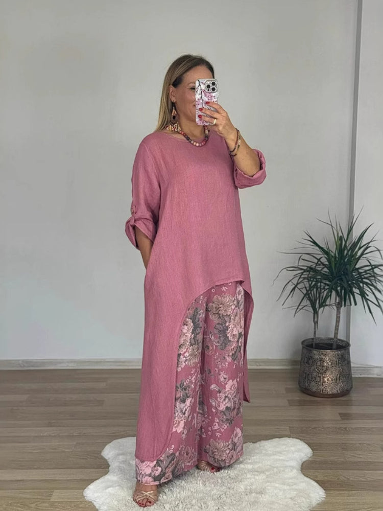 Ulina - Ensemble Décontracté avec Top Irrégulier et Pantalon à Jambes Larges