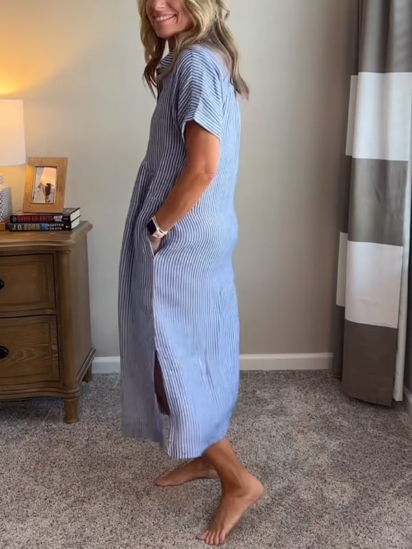 Melania - Robe chemise rayée avec revers et boutons | Avec poches fonctionnelles