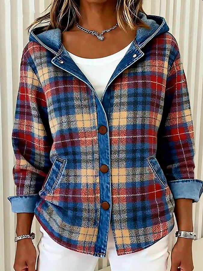 Nadrina - Veste en Jean à Capuche et Motif à Carreaux Contrastés