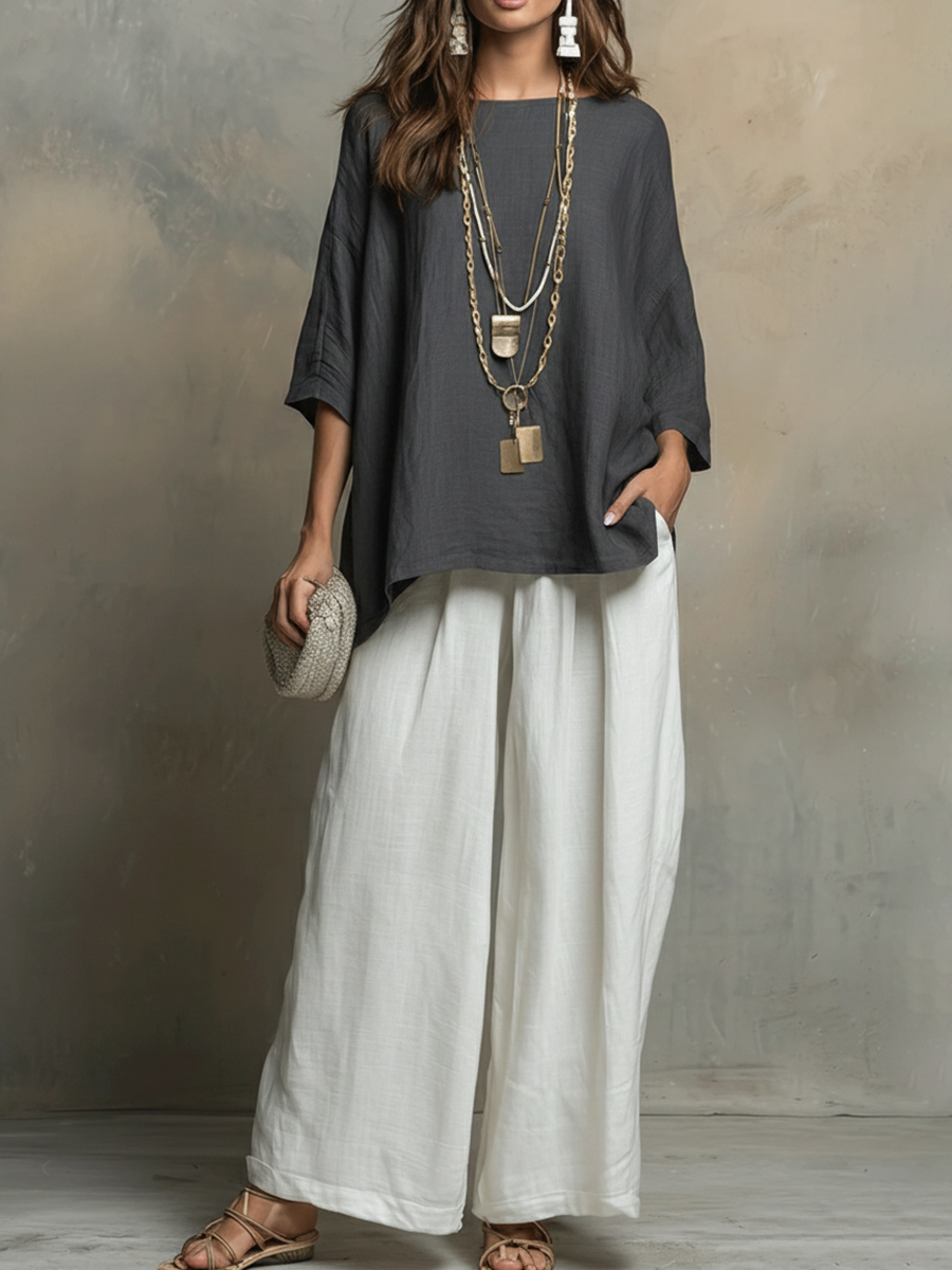 Tyvella - Ensemble Femme Lin Deux Pièces Coupe Ample Pantalon Fluide